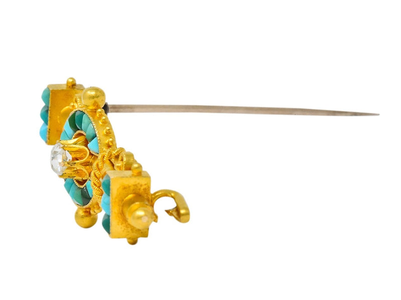 Victorian Etruscan Revival Diamond Turquoise 18 Karat Gold Brooch - Wilson's Estate Jewelry