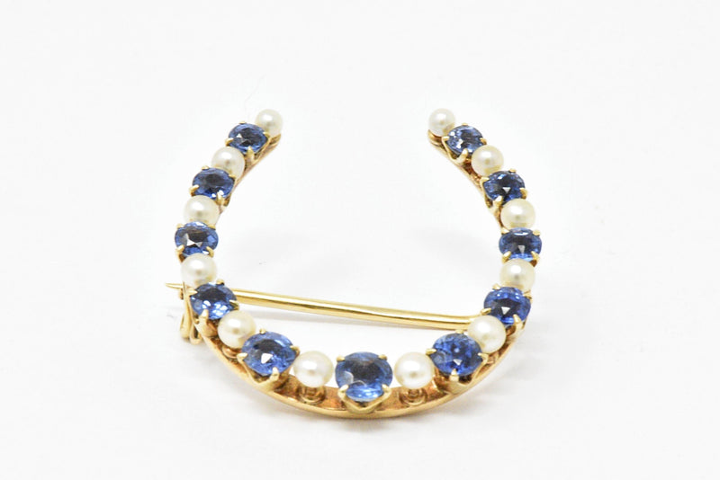 Victorian Montana Sapphire and Natural Pearl 14K Yellow Gold Horseshoe Pin Brooch Wilson's Estate Jewelry