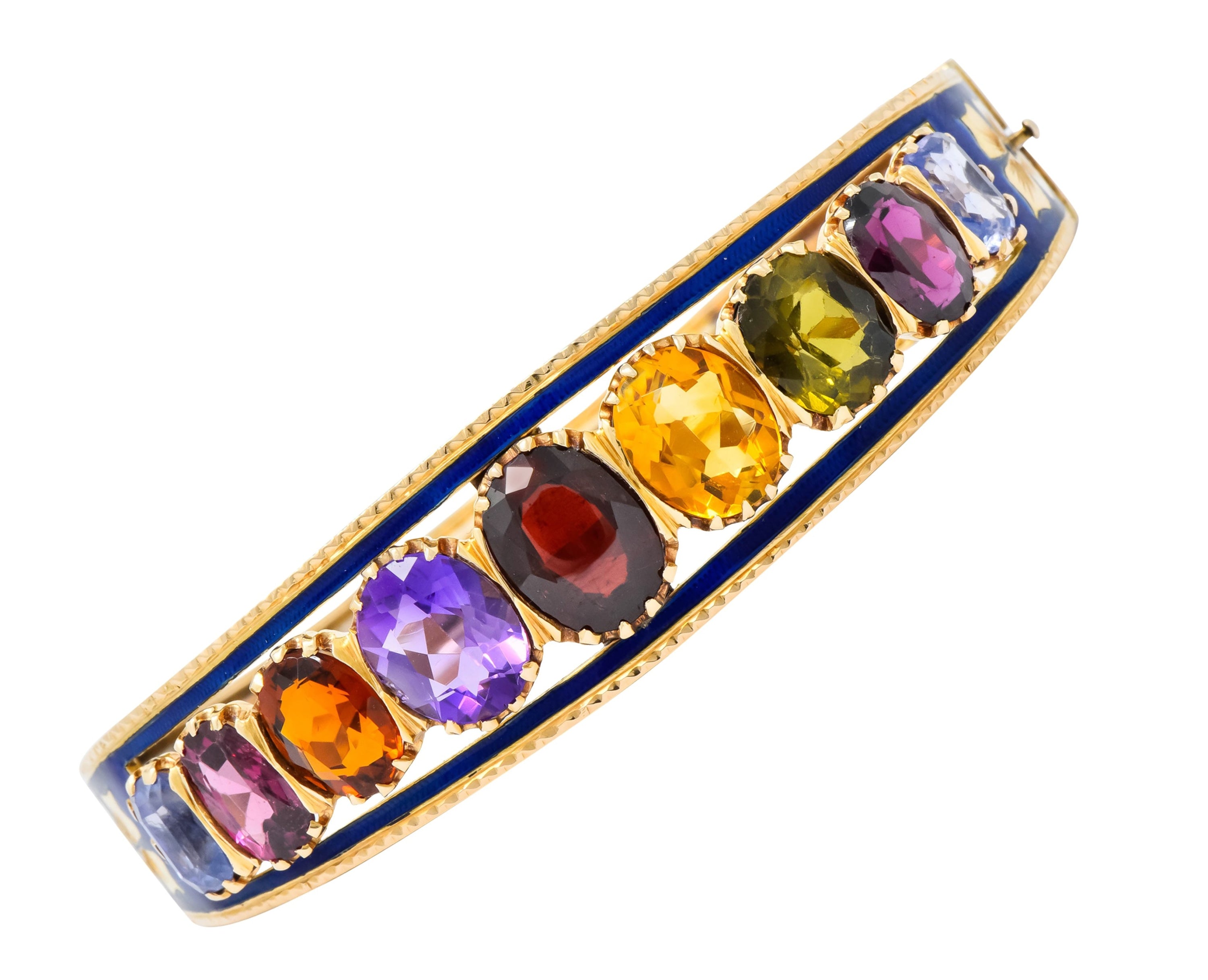 Victorian Multi-Gem Sapphire Citrine Enamel 14 Karat Gold Bangle Bracelet Circa 1880 - Wilson's Estate Jewelry