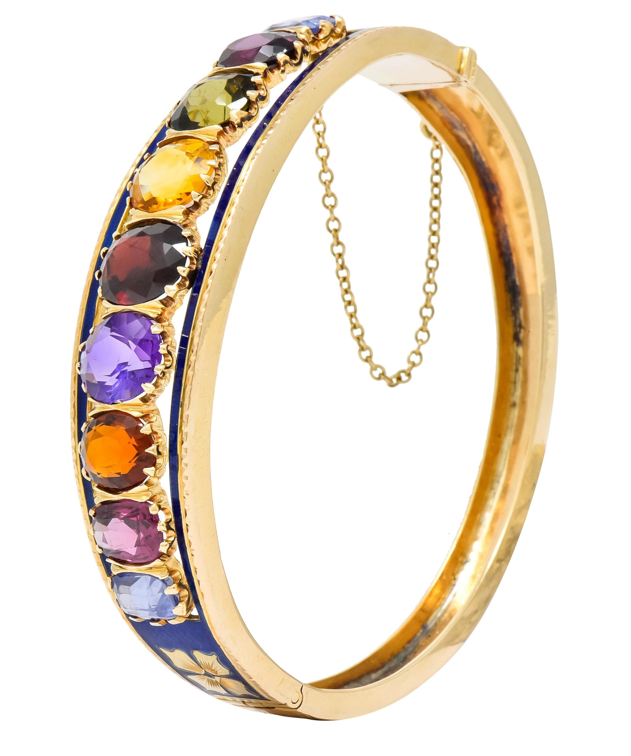Victorian Multi-Gem Sapphire Citrine Enamel 14 Karat Gold Bangle Bracelet Circa 1880 - Wilson's Estate Jewelry