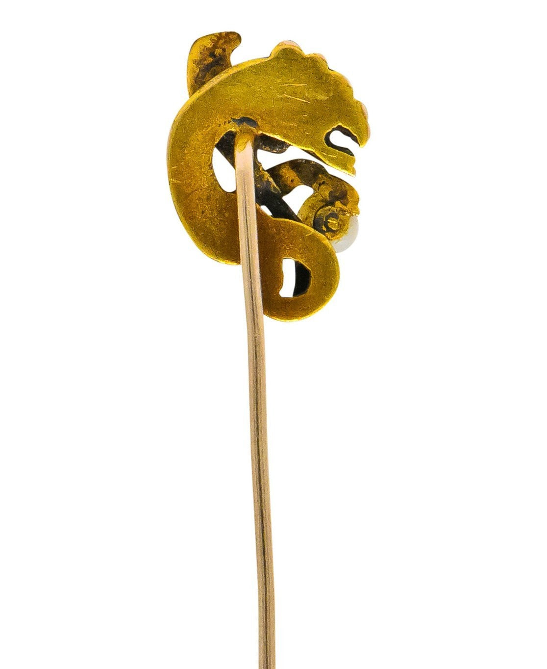 Victorian Pearl 14 Karat Gold Gargoyle Stickpin - Wilson's Estate Jewelry