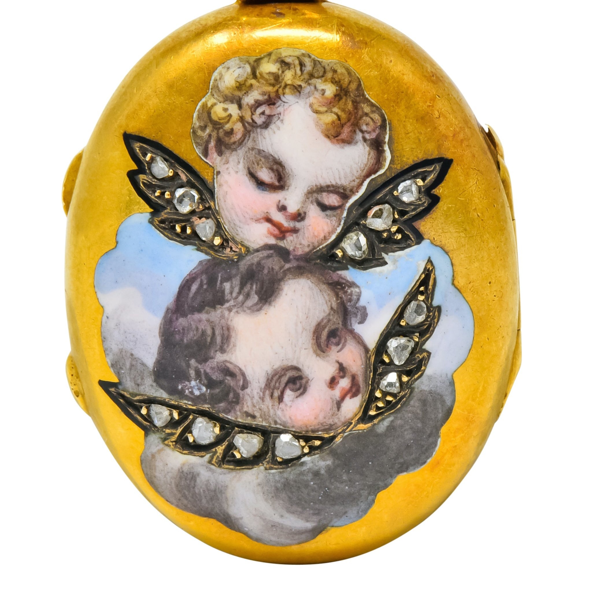 Victorian Rose Cut Diamond Enamel 18 Karat Gold Cherub Mourning Locket Pendant - Wilson's Estate Jewelry