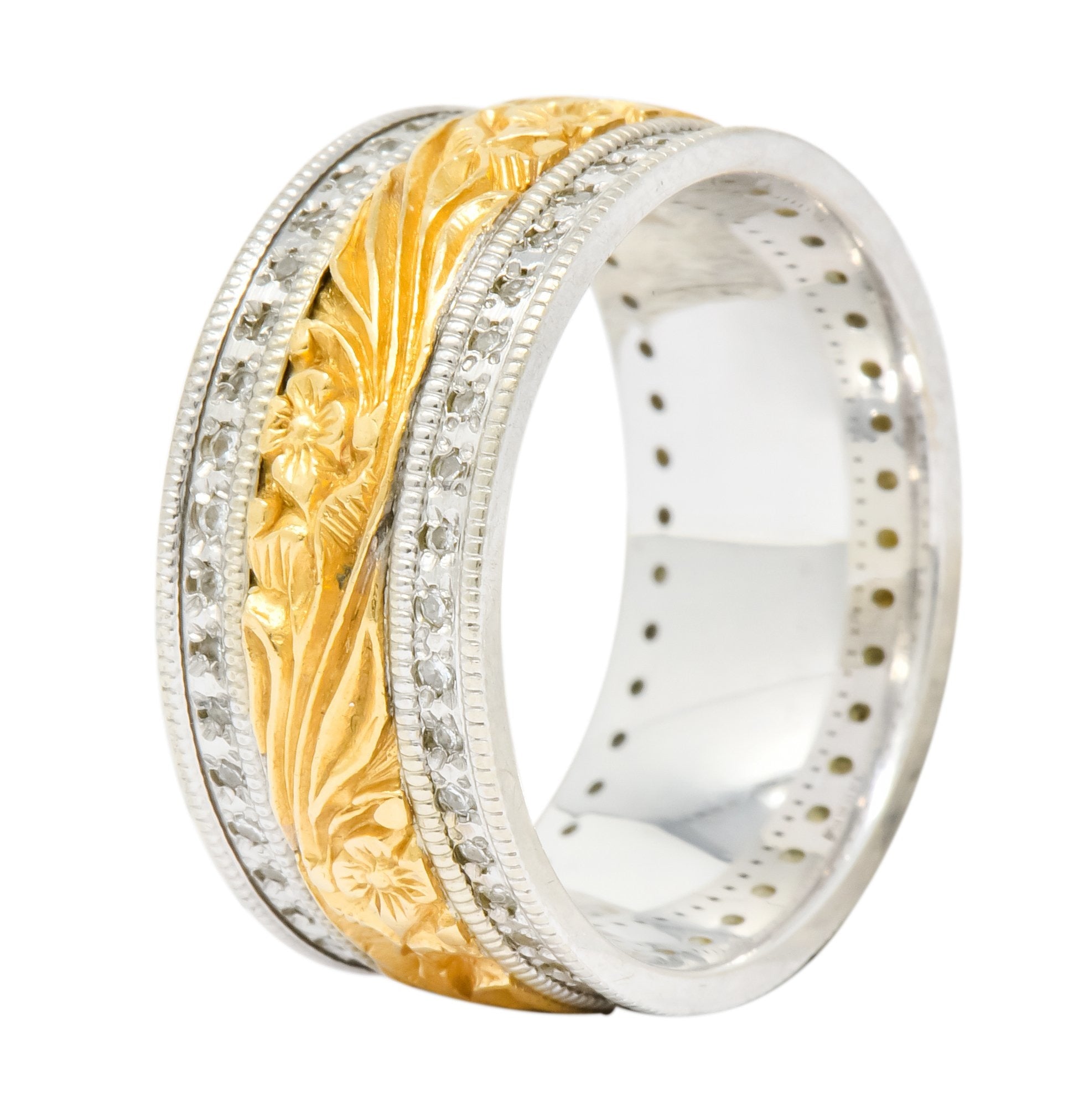 Vintage 0.40 CTW Diamond 14 Karat Two-Tone Gold Floral Band Ring - Wilson's Estate Jewelry