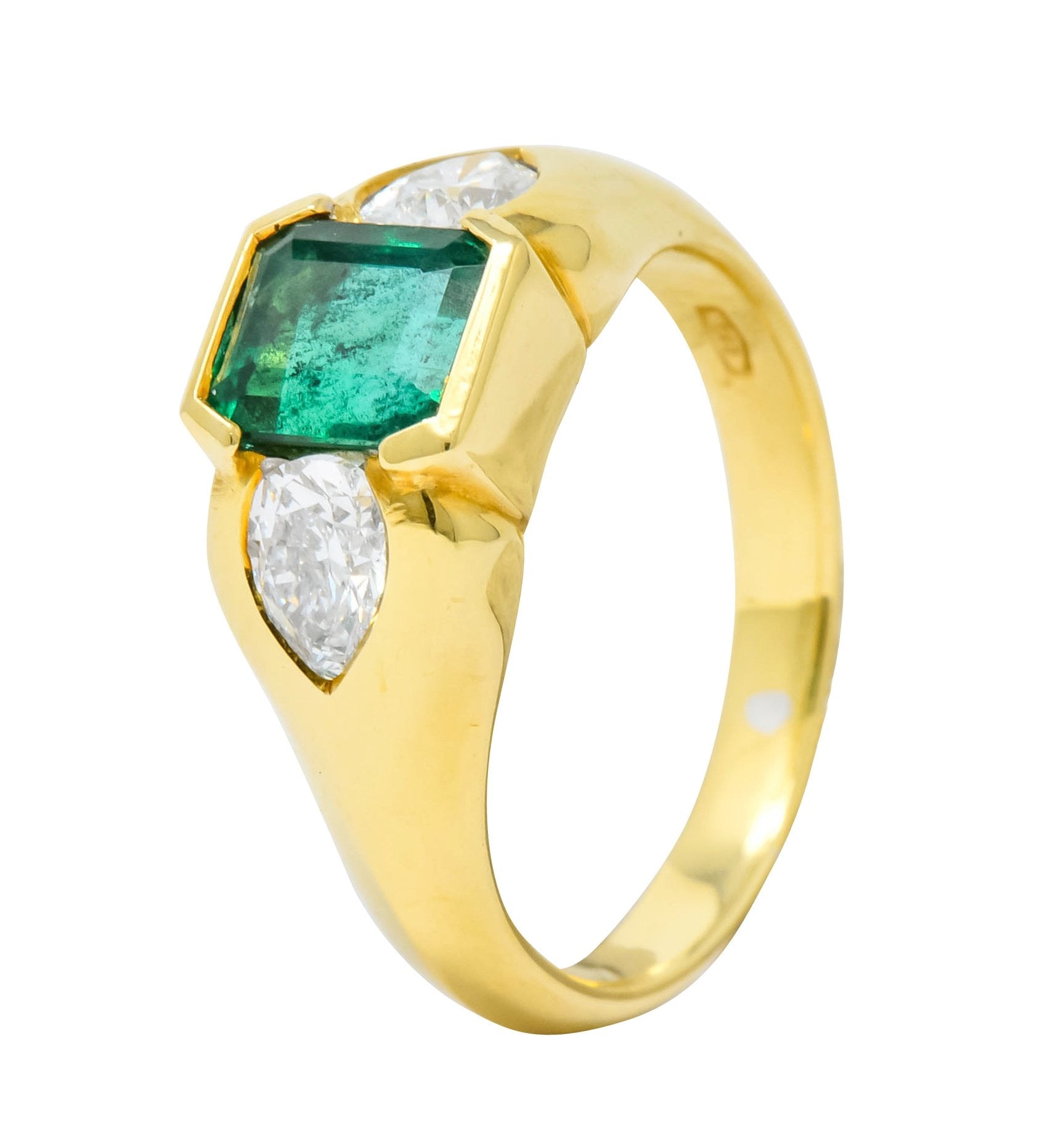 Vintage 1.90 CTW Emerald Diamond 18 Karat Gold Three Stone Ring - Wilson's Estate Jewelry