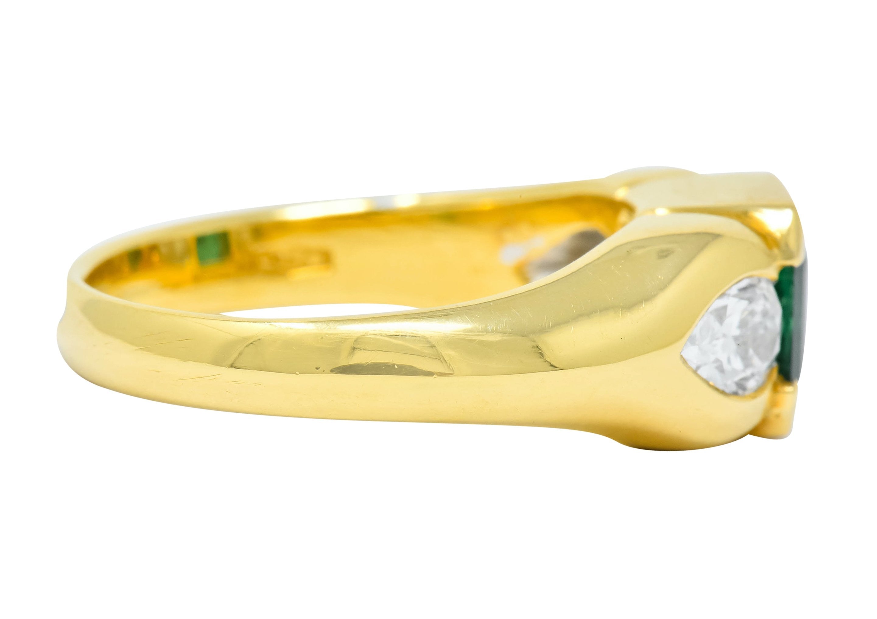 Vintage 1.90 CTW Emerald Diamond 18 Karat Gold Three Stone Ring - Wilson's Estate Jewelry