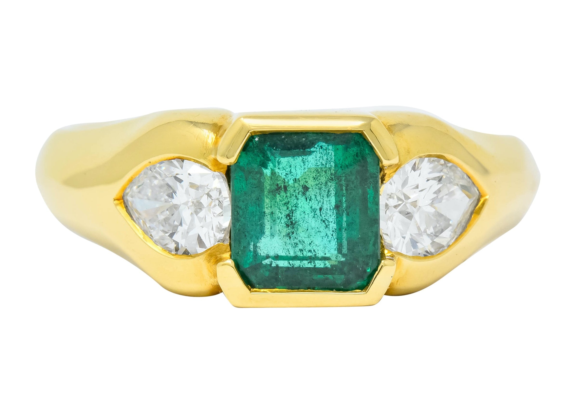 Vintage 1.90 CTW Emerald Diamond 18 Karat Gold Three Stone Ring - Wilson's Estate Jewelry