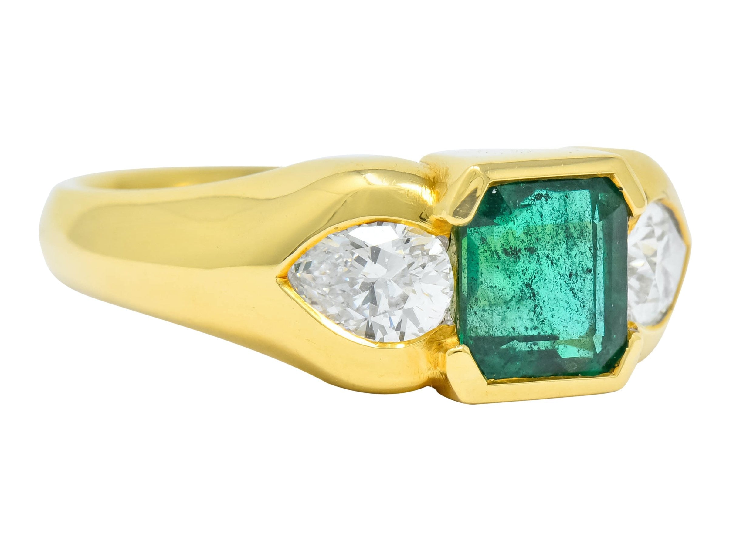 Vintage 1.90 CTW Emerald Diamond 18 Karat Gold Three Stone Ring - Wilson's Estate Jewelry