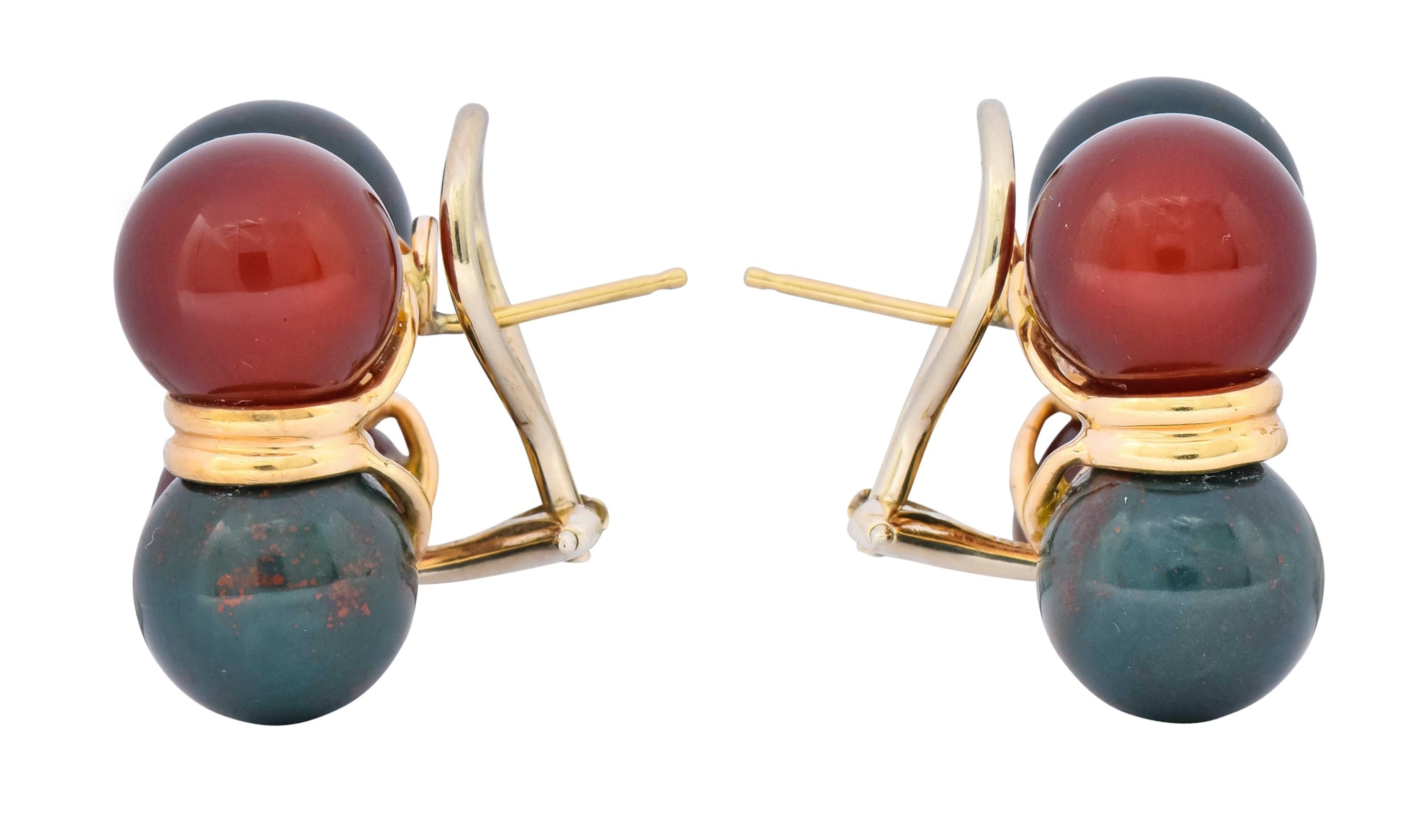 Vintage Carnelian Bloodstone 14 Karat Gold Square Ball Earrings Circa 1980s - Wilson's Estate Jewelry