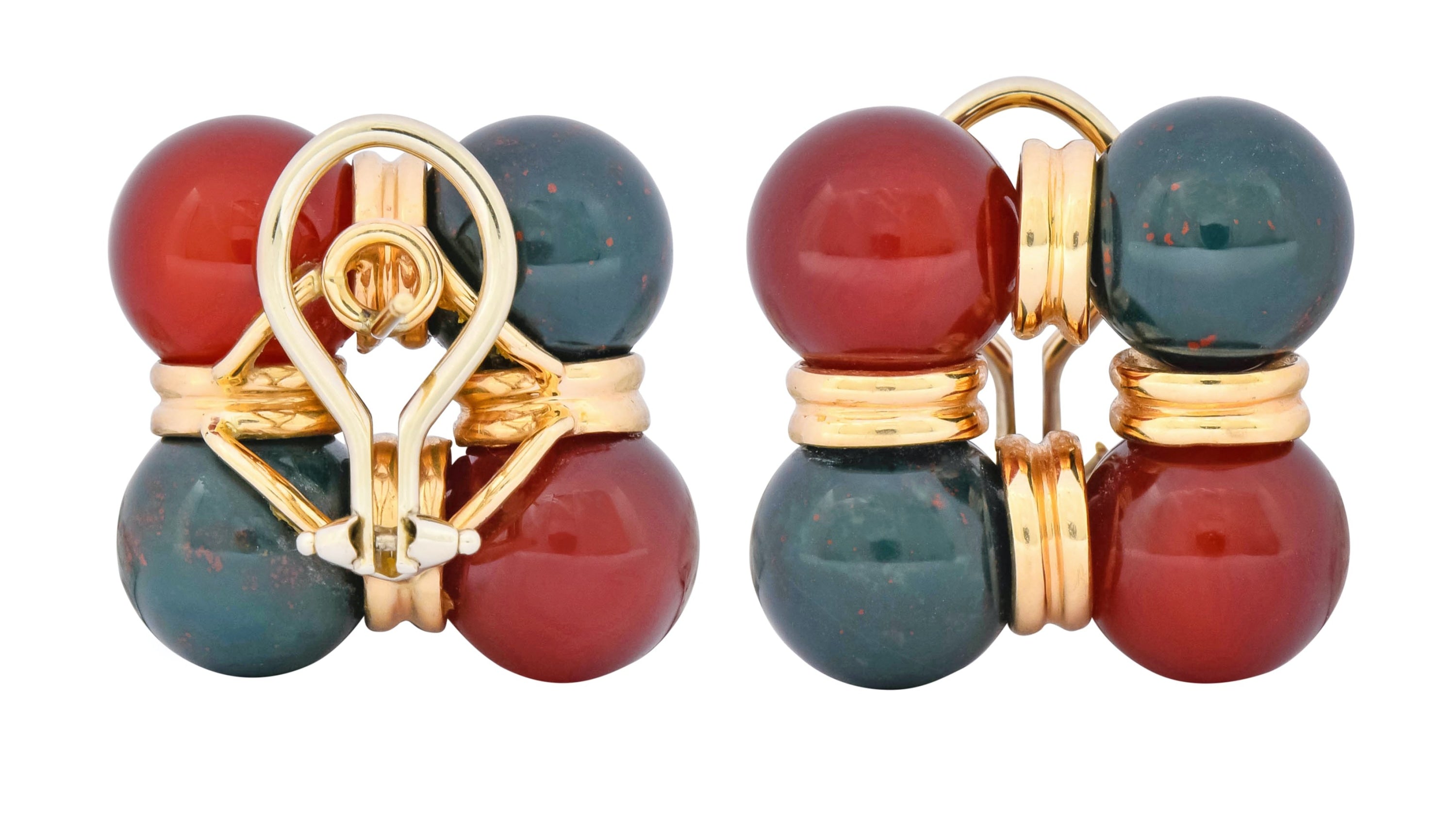 Vintage Carnelian Bloodstone 14 Karat Gold Square Ball Earrings Circa 1980s - Wilson's Estate Jewelry
