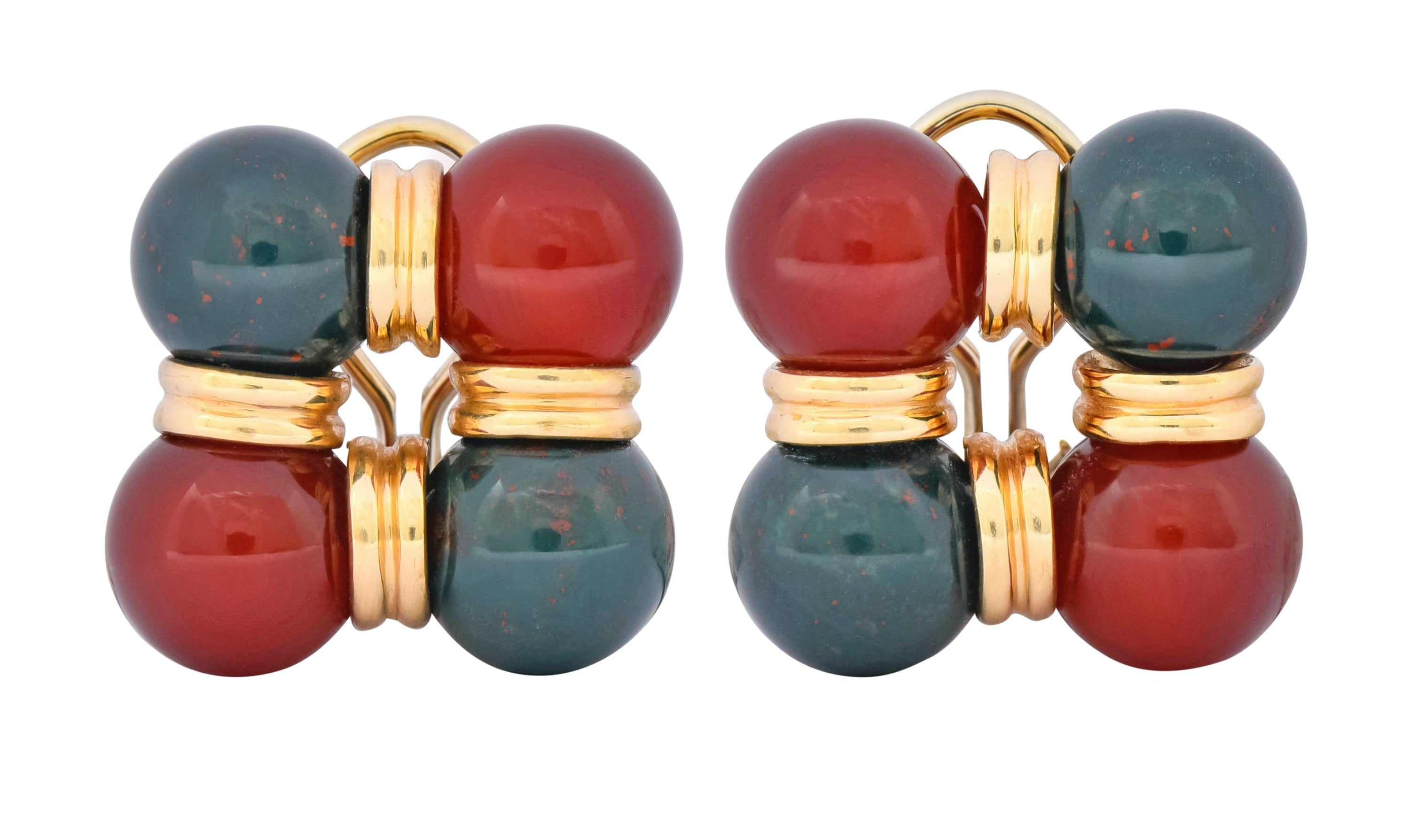 Vintage Carnelian Bloodstone 14 Karat Gold Square Ball Earrings Circa 1980s - Wilson's Estate Jewelry