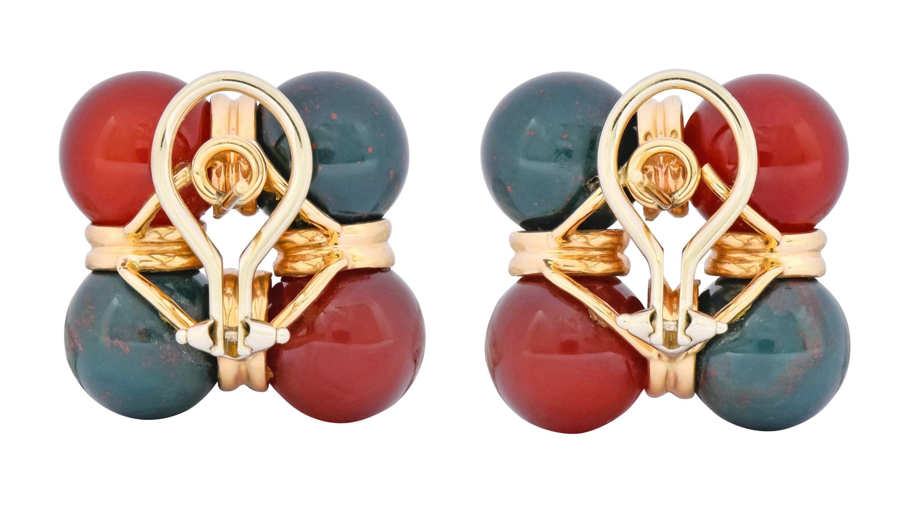 Vintage Carnelian Bloodstone 14 Karat Gold Square Ball Earrings Circa 1980s - Wilson's Estate Jewelry