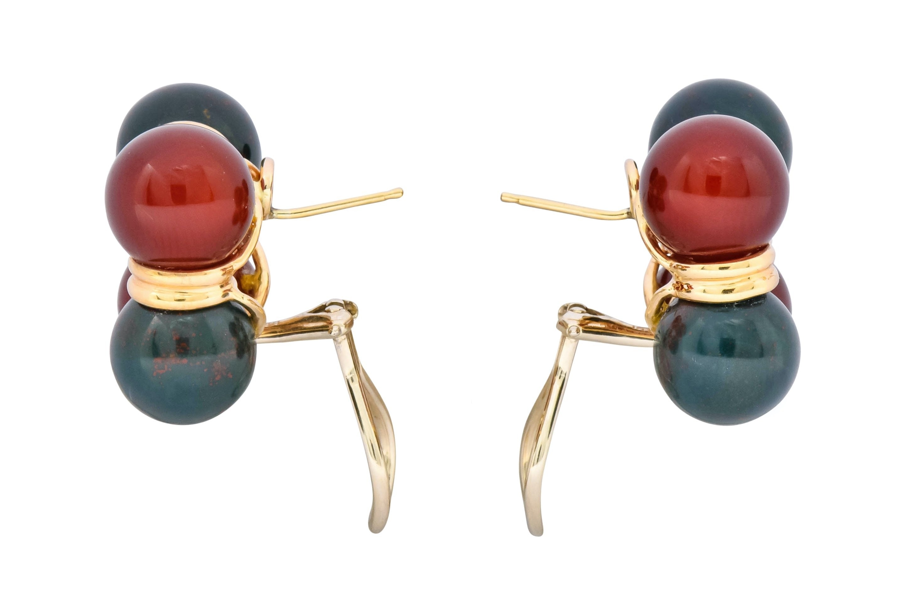 Vintage Carnelian Bloodstone 14 Karat Gold Square Ball Earrings Circa 1980s - Wilson's Estate Jewelry