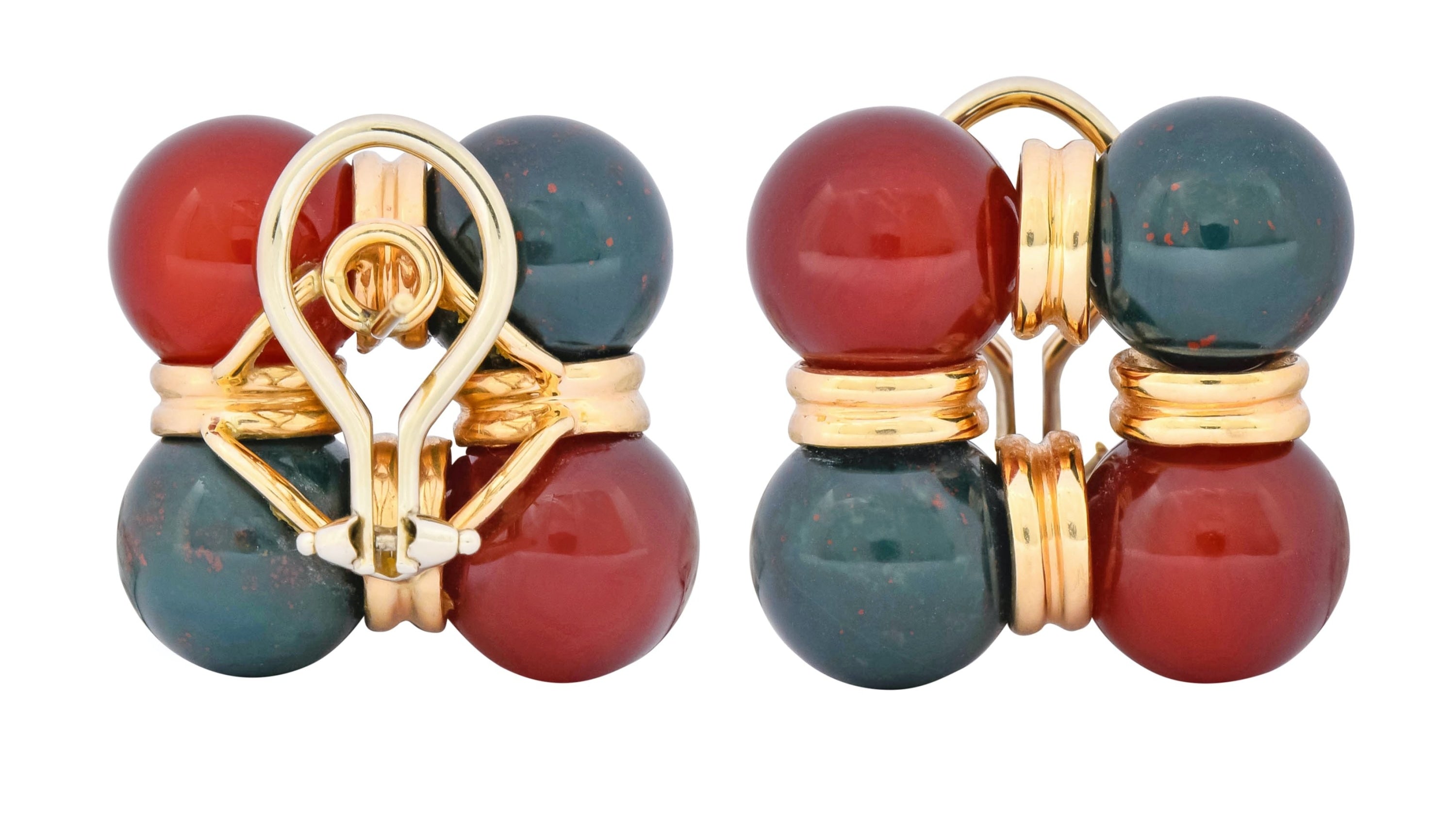 Vintage Carnelian Bloodstone 14 Karat Gold Square Ball Earrings Circa 1980s - Wilson's Estate Jewelry