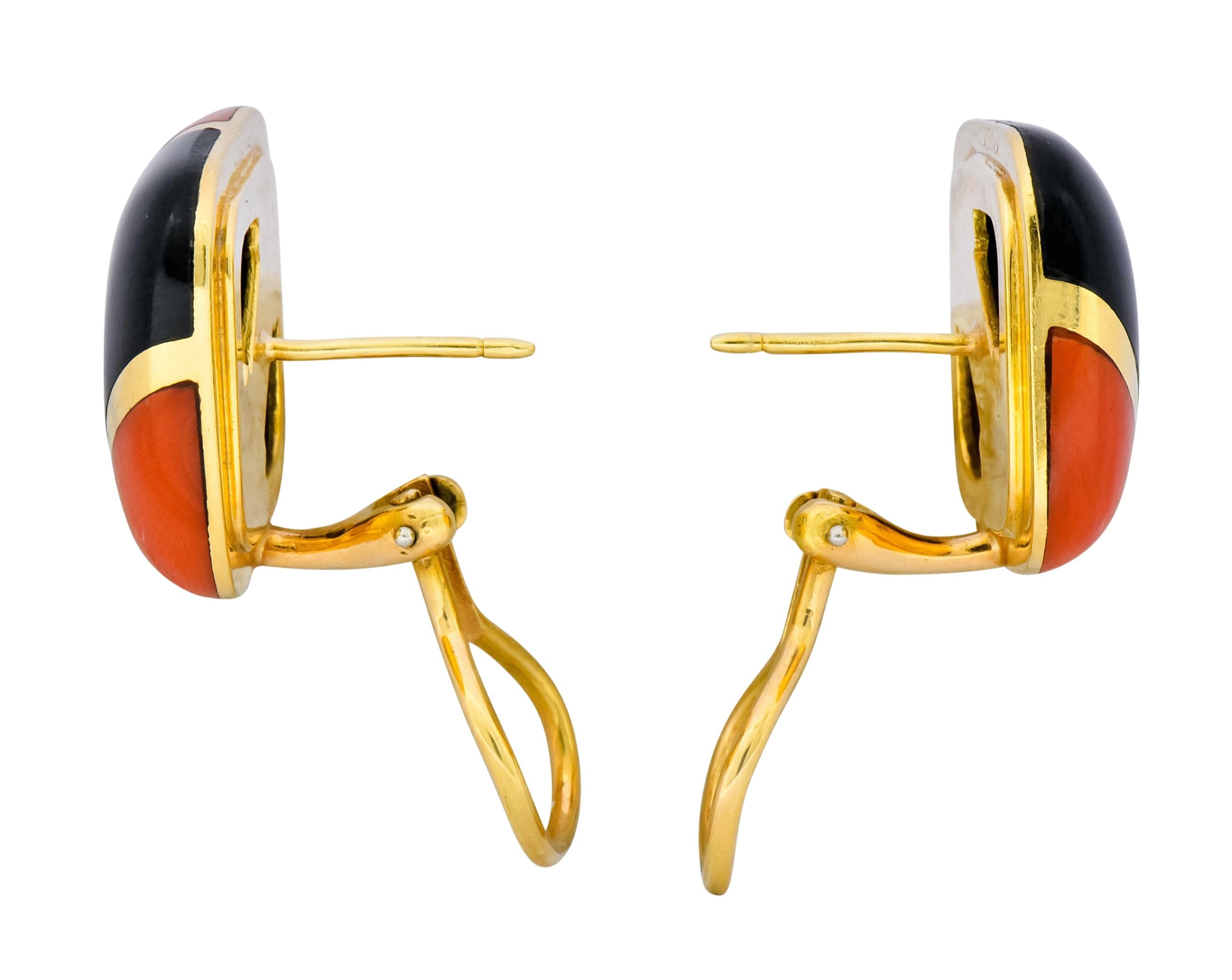 Vintage Onyx Coral 18 Karat Gold Square Cushion Inlay Earrings - Wilson's Estate Jewelry