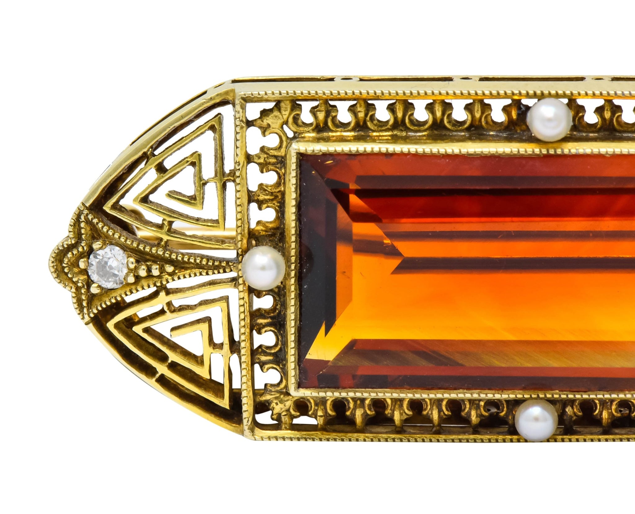 Walton & Co. Art Deco 10.46 CTW Citrine Pearl Diamond 14 Karat Gold Brooch - Wilson's Estate Jewelry