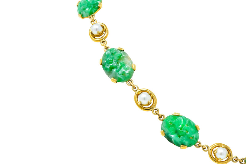 Wordley Alsopp & Bliss 1940's Retro Jade Pearl 14 Karat Link Necklace - Wilson's Estate Jewelry